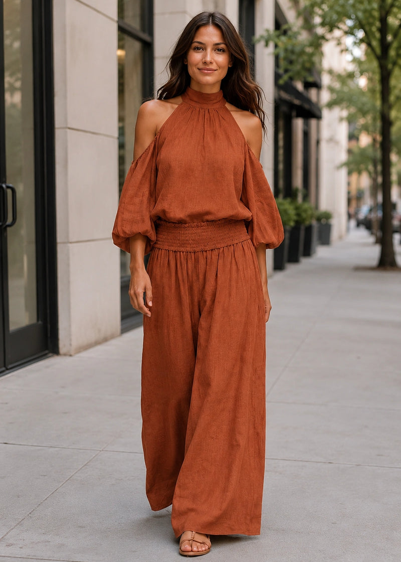 SALAZIA Cold-Shoulder Smocked Waist Balloon Sleeve Wide-Leg Pants Sets