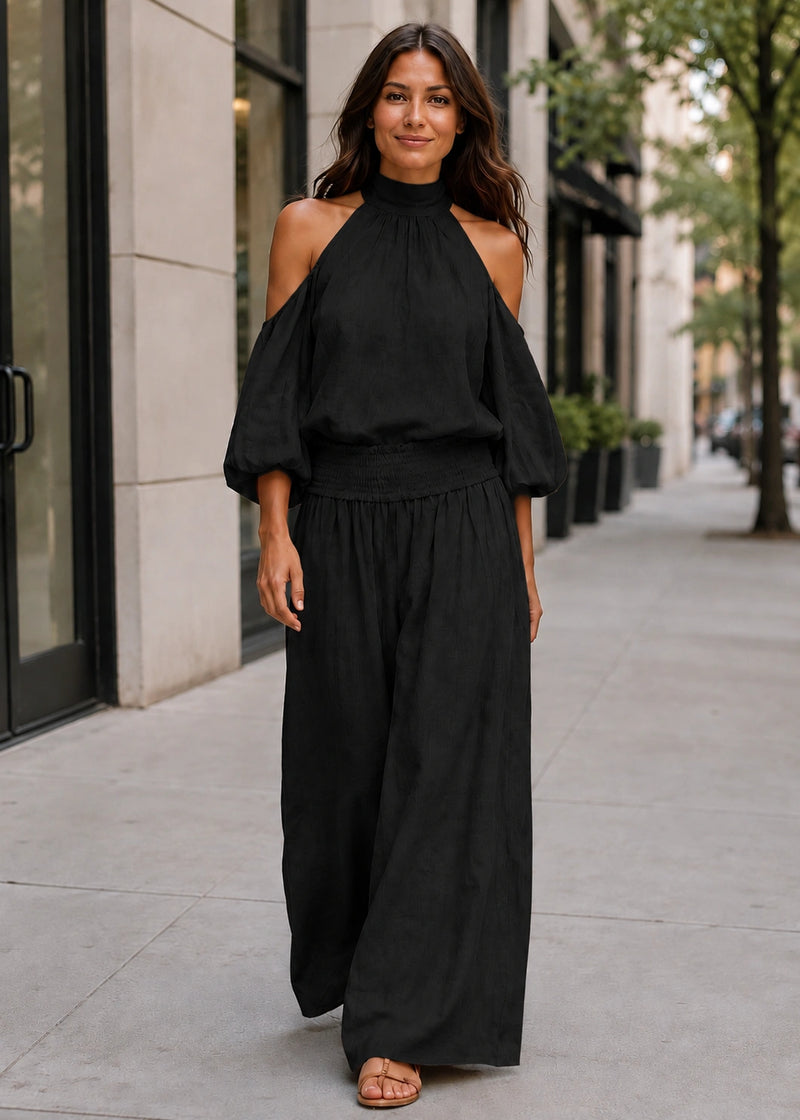 SALAZIA Cold-Shoulder Smocked Waist Balloon Sleeve Wide-Leg Pants Sets