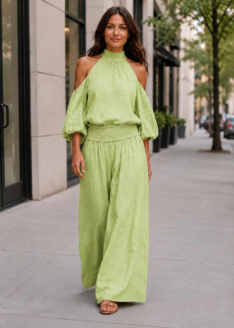 SALAZIA Cold-Shoulder Smocked Waist Balloon Sleeve Wide-Leg Pants Sets