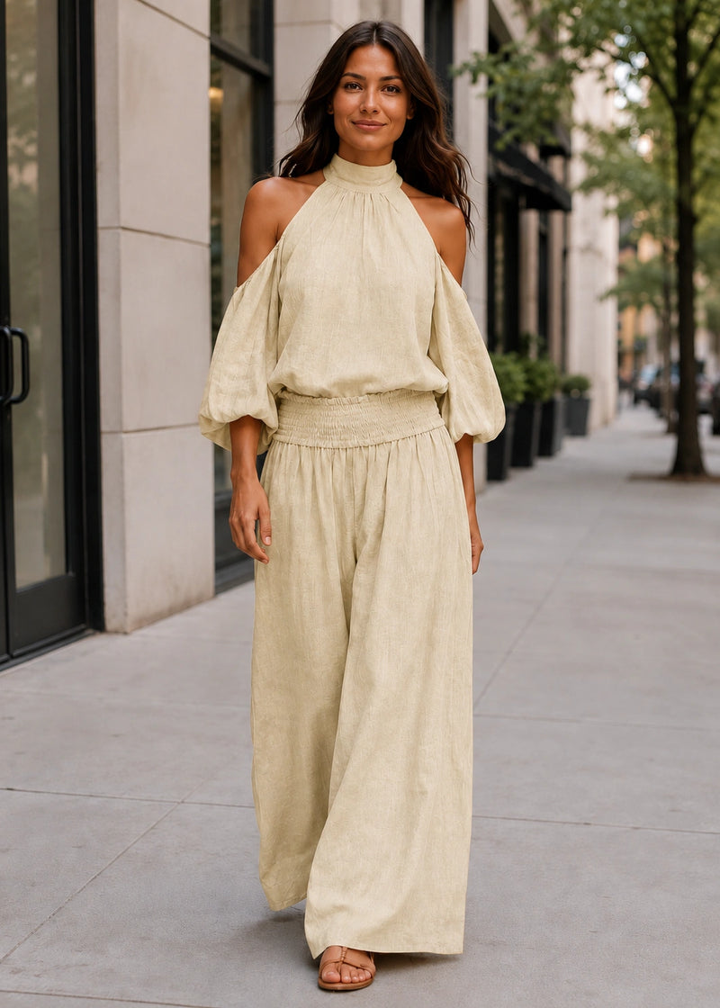 SALAZIA Cold-Shoulder Smocked Waist Balloon Sleeve Wide-Leg Pants Sets