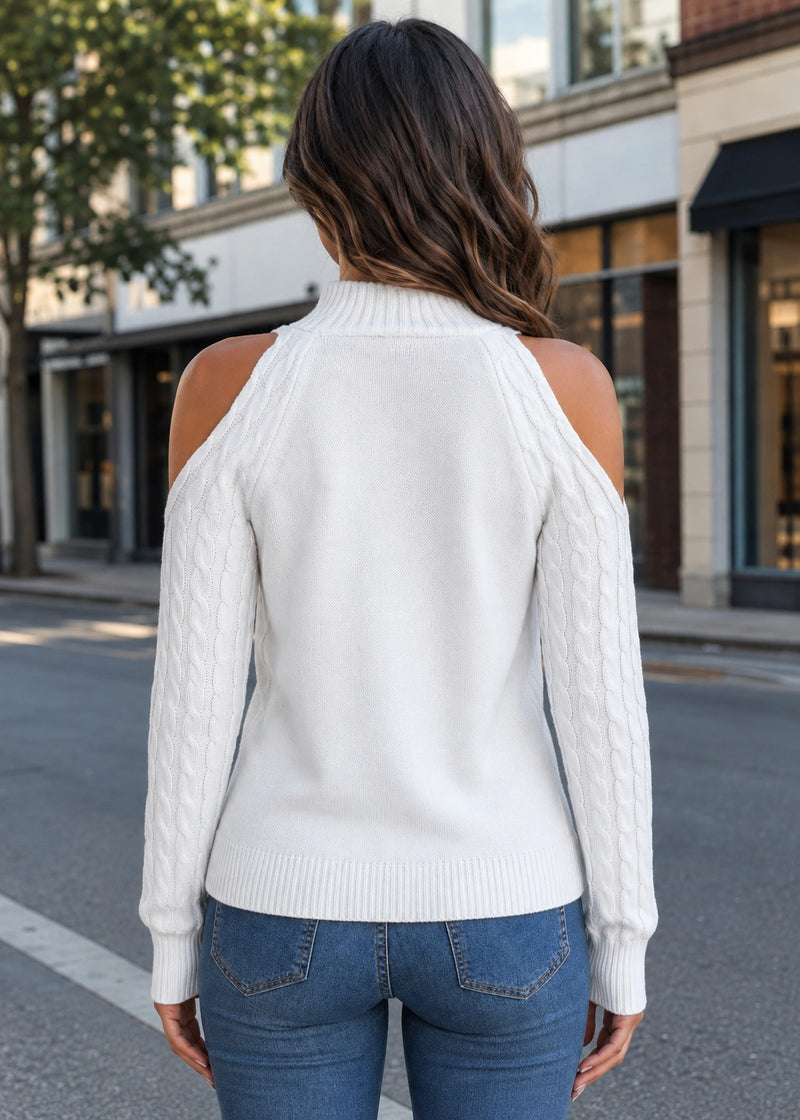 SALAZIA Cold Shoulder Cable Knit Mock Neck Sweaters