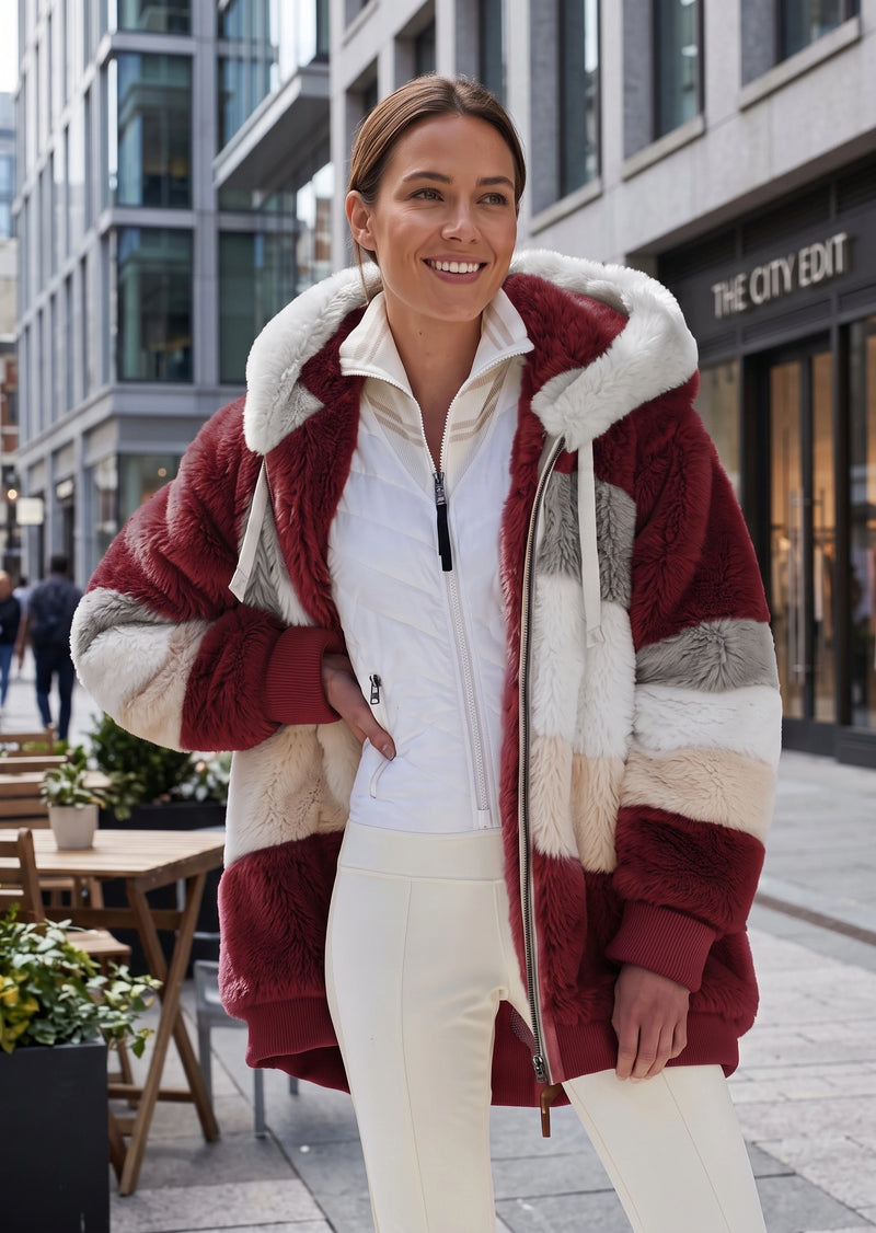 SALAZIA Color Block Striped Plush Zip-Up Hooded Loose Jacket
