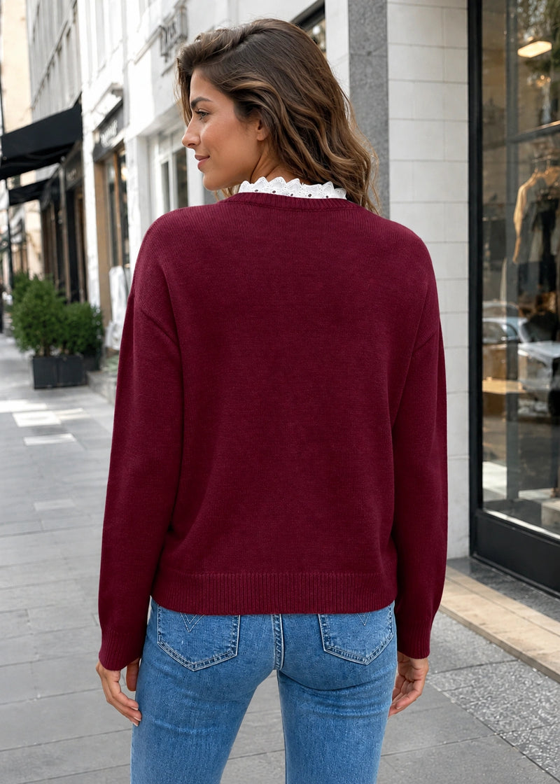 SALAZIA Contrast Lace Trim V-Neck Knit Sweaters