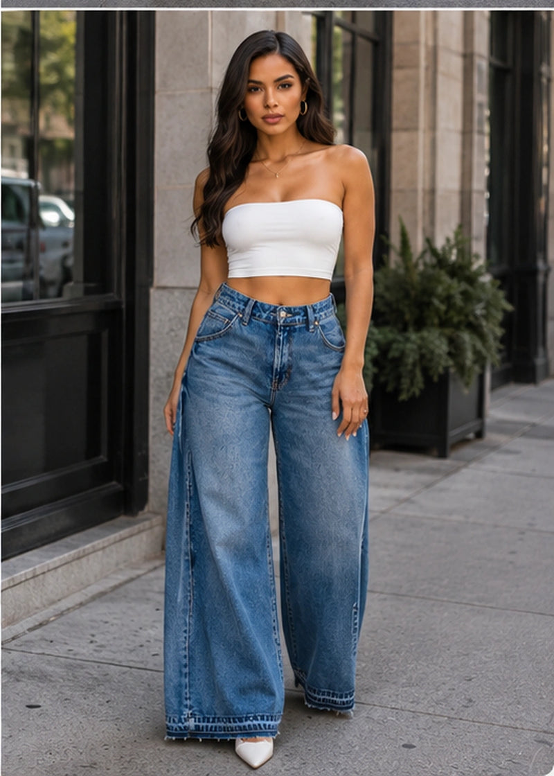 SALAZIA Contrast Panel High Waist Wide Leg Jeans