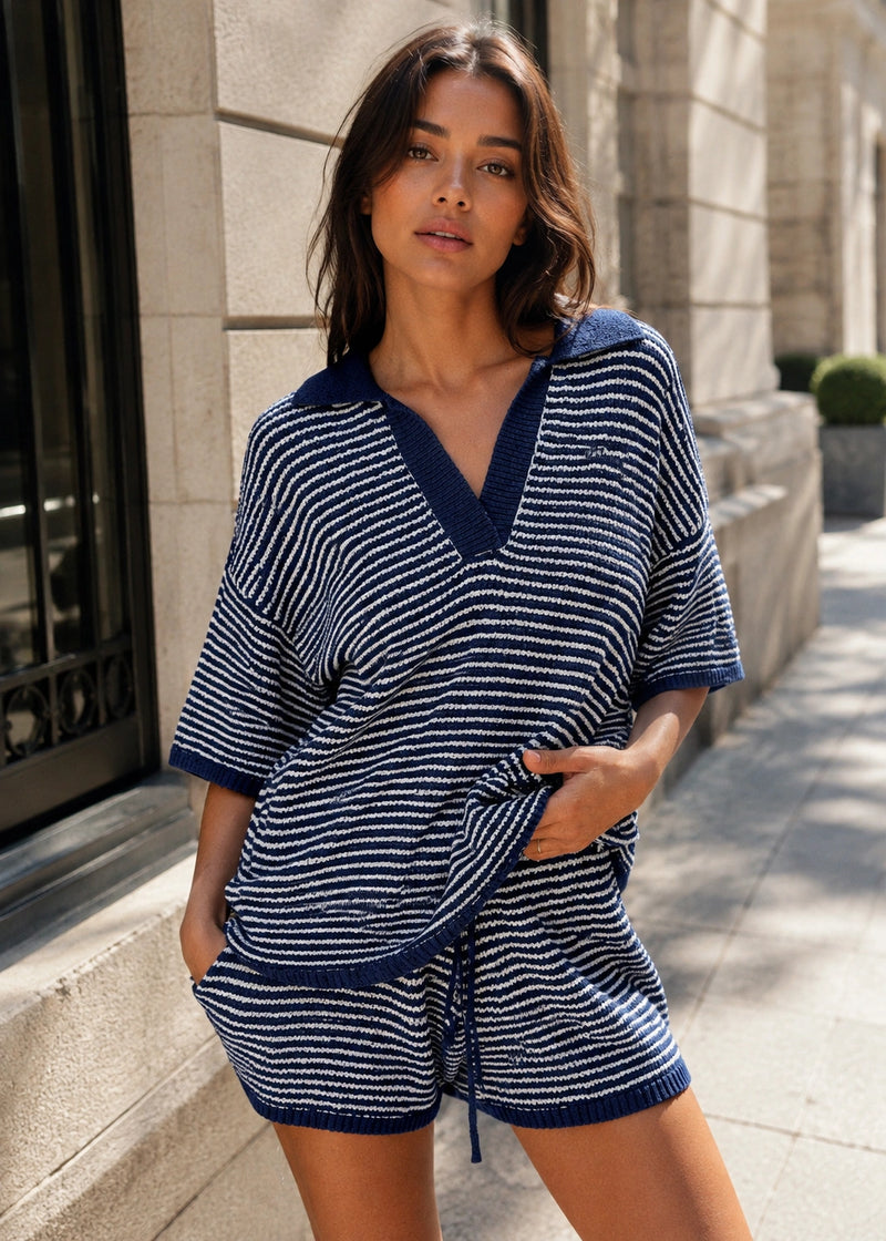 SALAZIA Contrast Trim Striped Knit Top & Drawstring Shorts Sets
