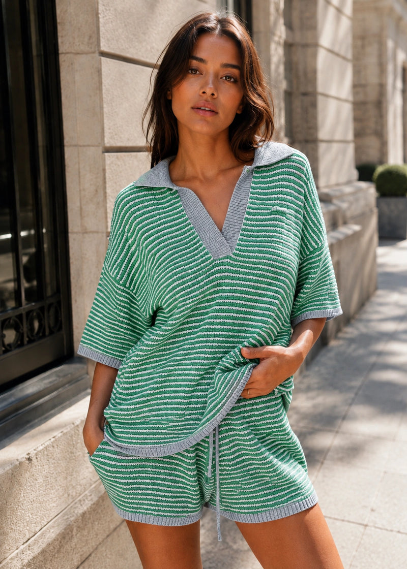 SALAZIA Contrast Trim Striped Knit Top & Drawstring Shorts Sets