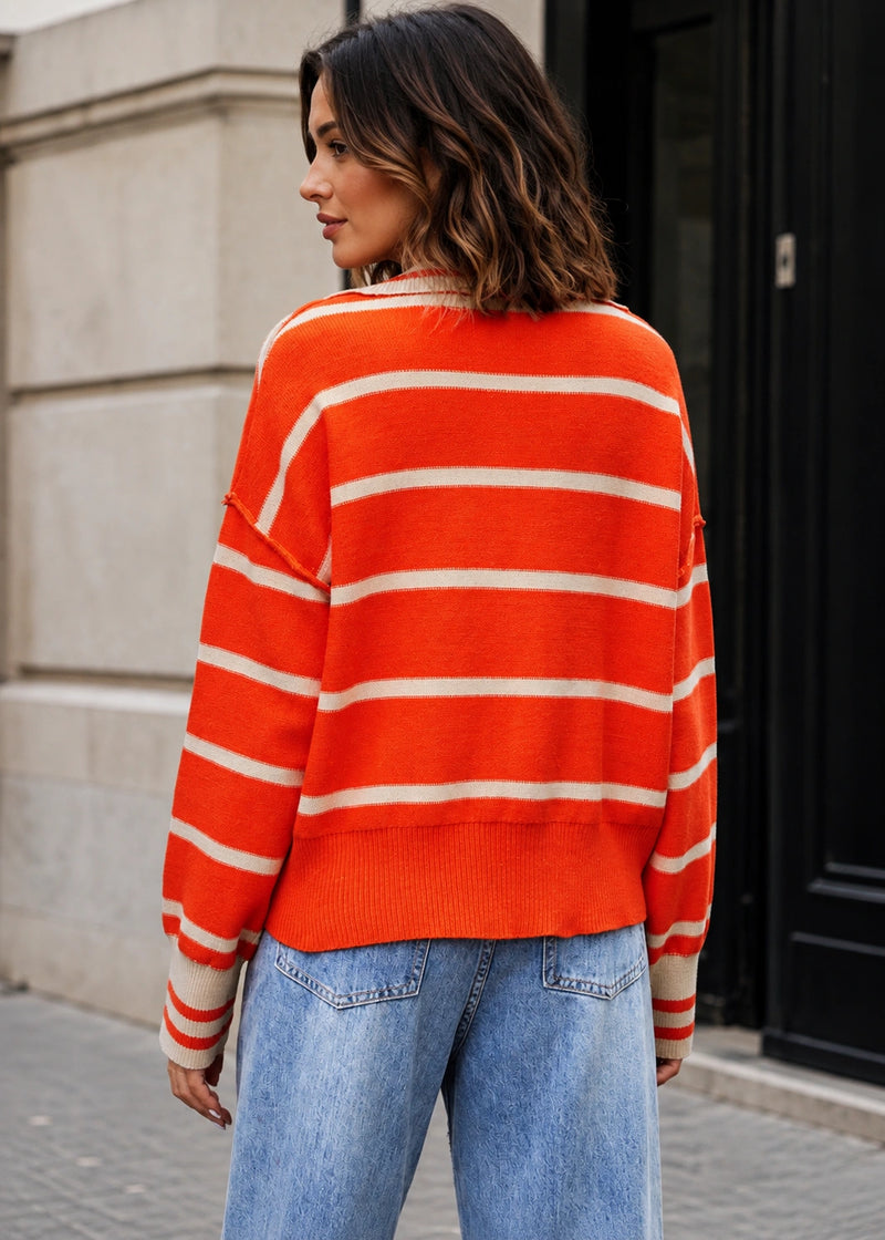 SALAZIA Contrast V-neck Stripe Collared Knit Sweaters