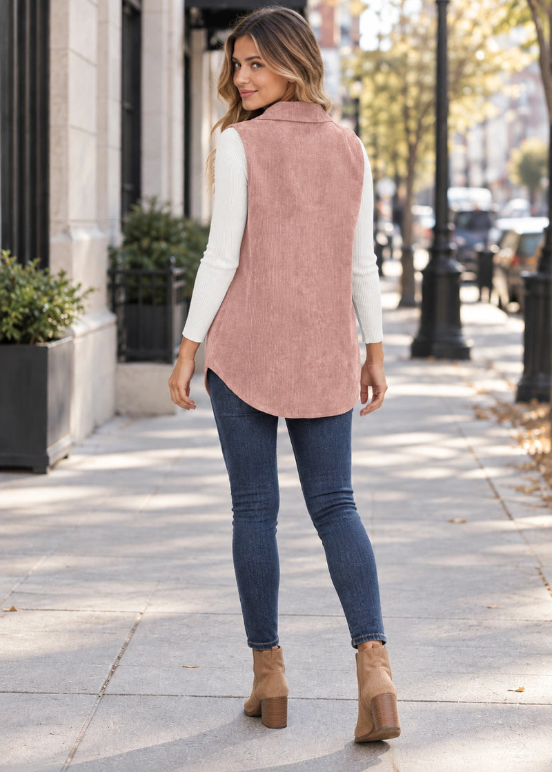 SALAZIA Corduroy Button-Front Collared Vest Jackets