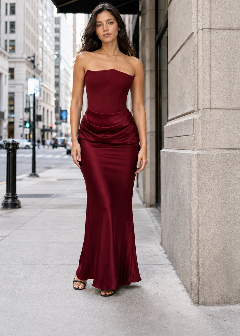 SALAZIA Crepe Strapless Corset Maxi Dresses