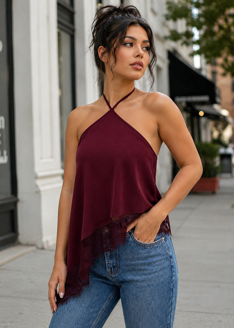 SALAZIA Cross-Halter Lace Trim Asymmetric Hem Tops