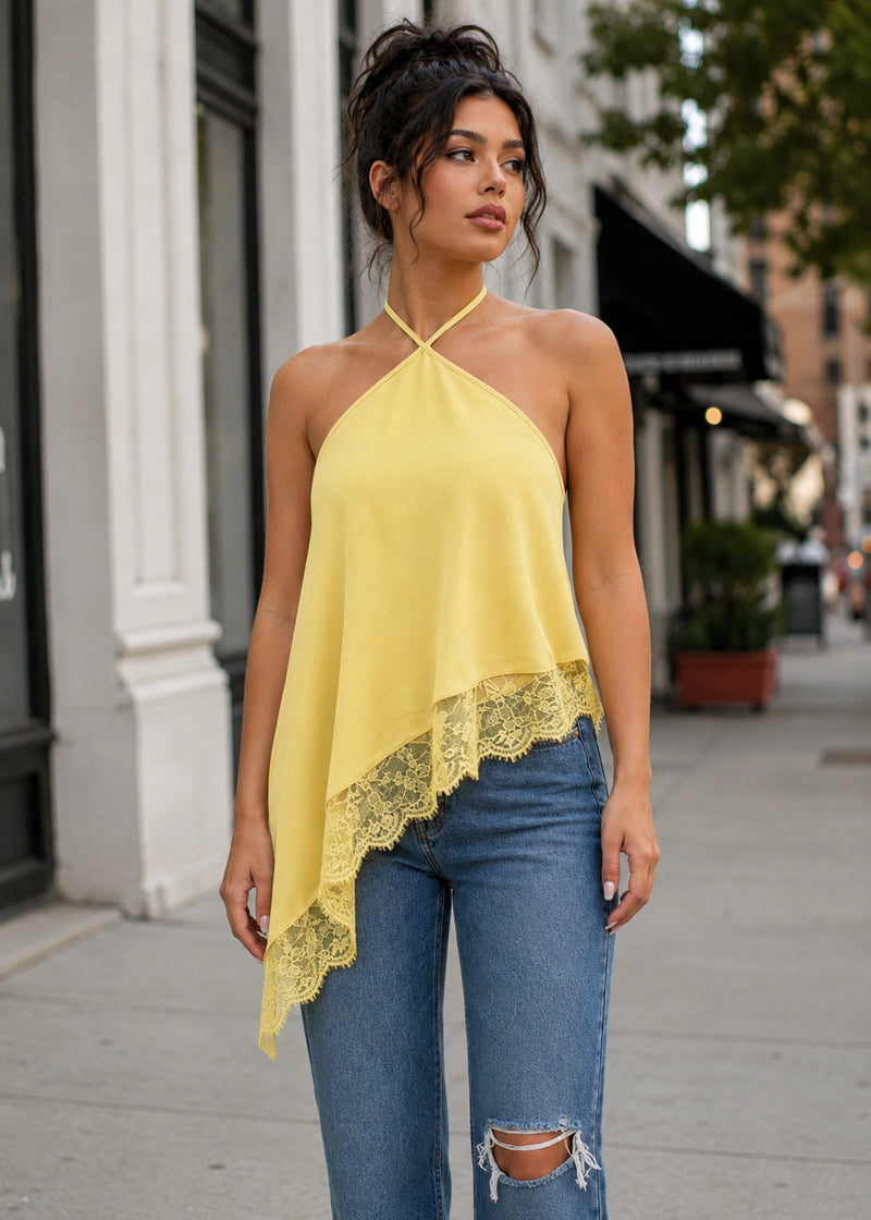 SALAZIA Cross-Halter Lace Trim Asymmetric Hem Tops