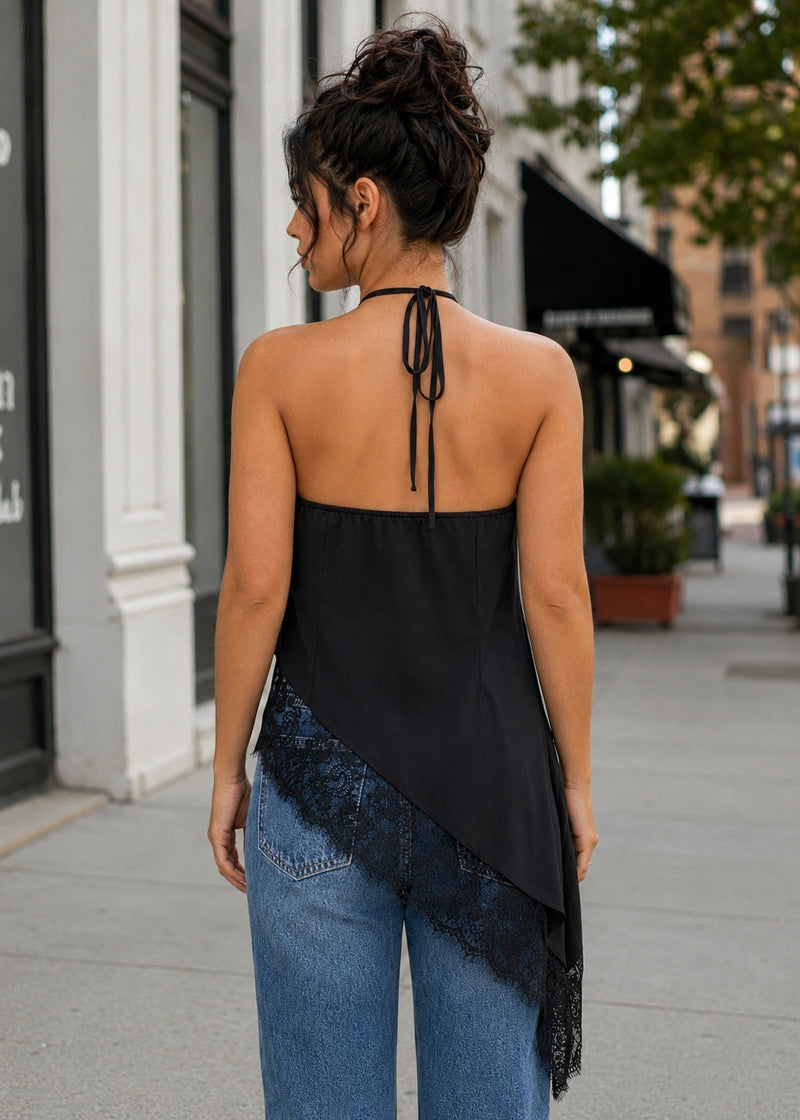 SALAZIA Cross-Halter Lace Trim Asymmetric Hem Tops