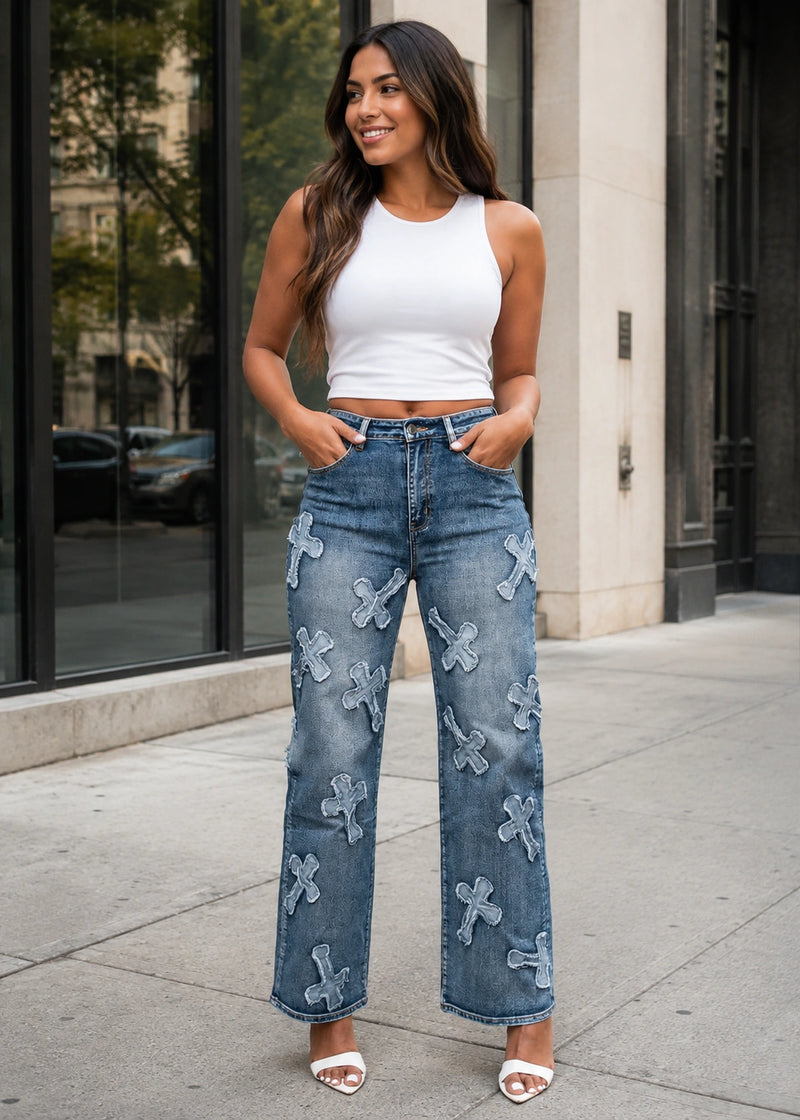 SALAZIA Cross Appliqué High Waist Straight Leg Jeans
