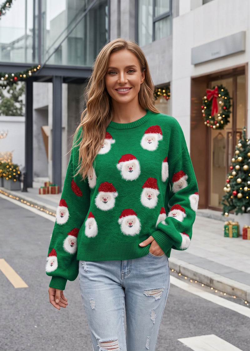 SALAZIA Cute Fuzzy Santa Claus Applique Lantern Sleeve Knit Pullover Sweater