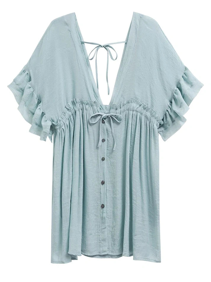 SALAZIA Deep V Ruffle Sleeve Drawstring Mini Dresses