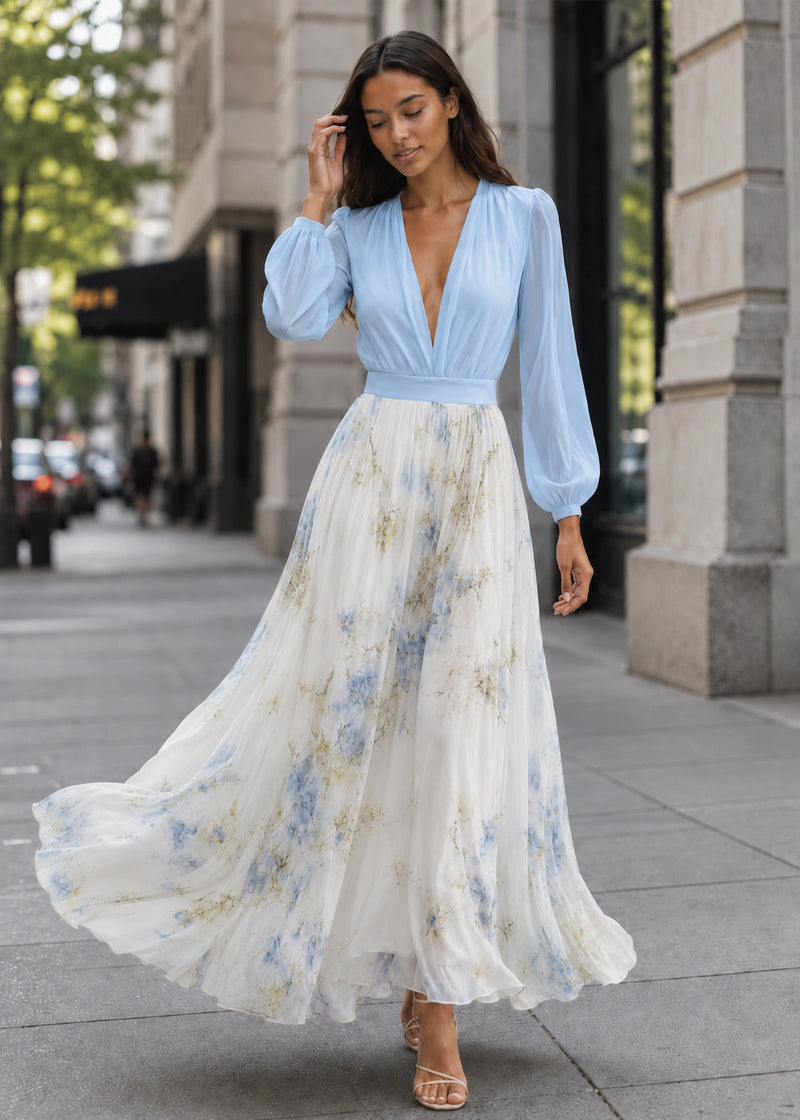 SALAZIA Digital-Print Long-Sleeve V-Neck Patchwork Maxi  Dresses