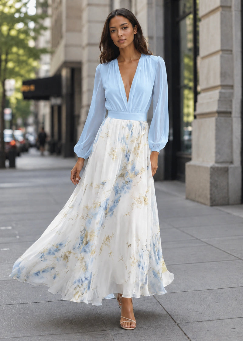 SALAZIA Digital-Print Long-Sleeve V-Neck Patchwork Maxi  Dresses