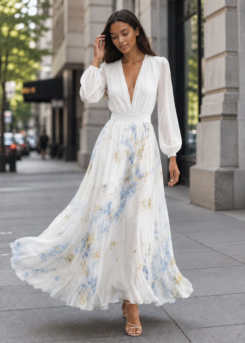 SALAZIA Digital-Print Long-Sleeve V-Neck Patchwork Maxi  Dresses