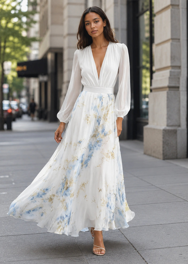 SALAZIA Digital-Print Long-Sleeve V-Neck Patchwork Maxi  Dresses