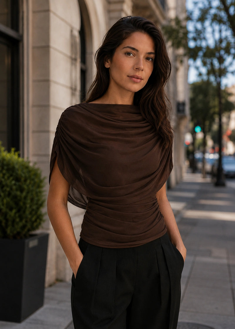 SALAZIA Draped Scarf Neck Ruched Waist Fitted Tops