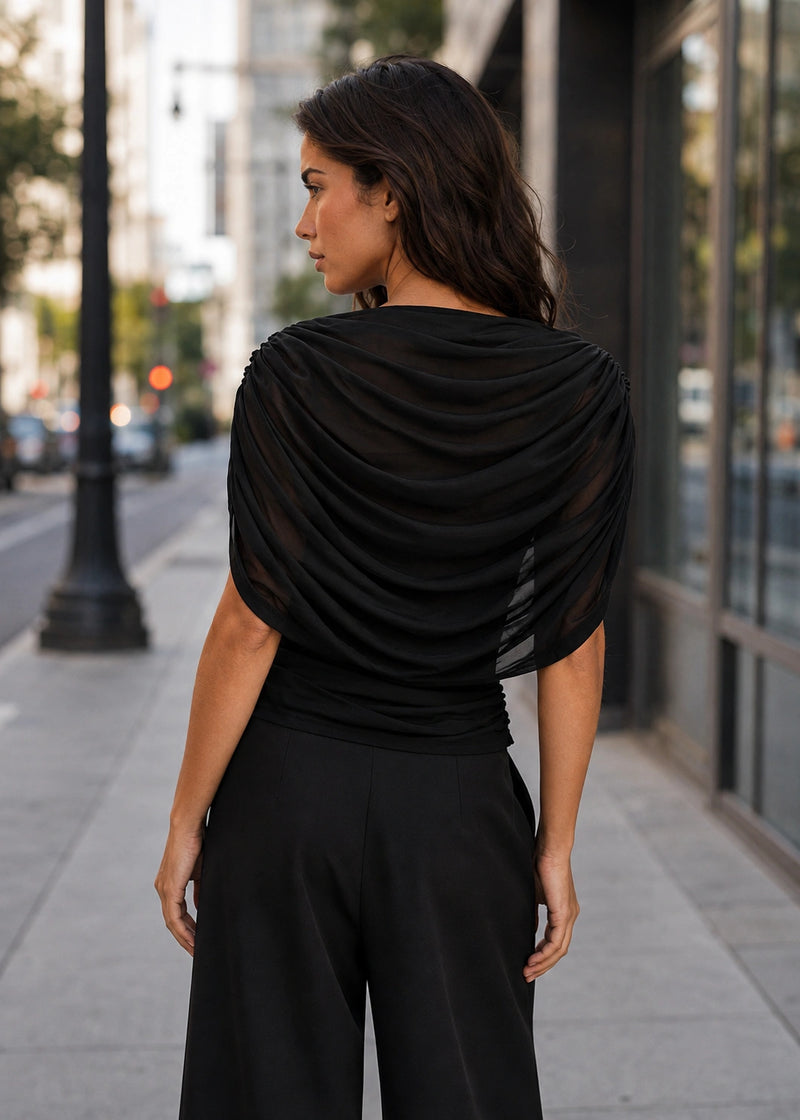 SALAZIA Draped Scarf Neck Ruched Waist Fitted Tops