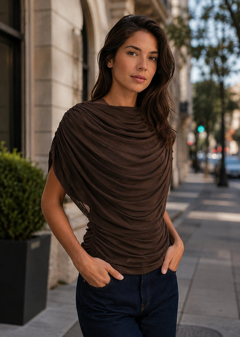 SALAZIA Draped Scarf Neck Ruched Waist Fitted Tops