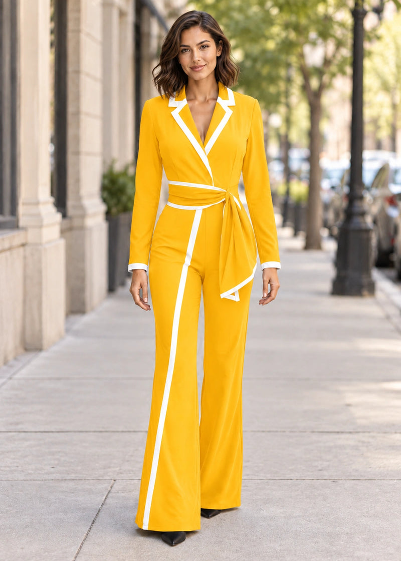 SALAZIA Elegant Contrast Trim V-Neck Long Sleeve Belted Jumpsuits