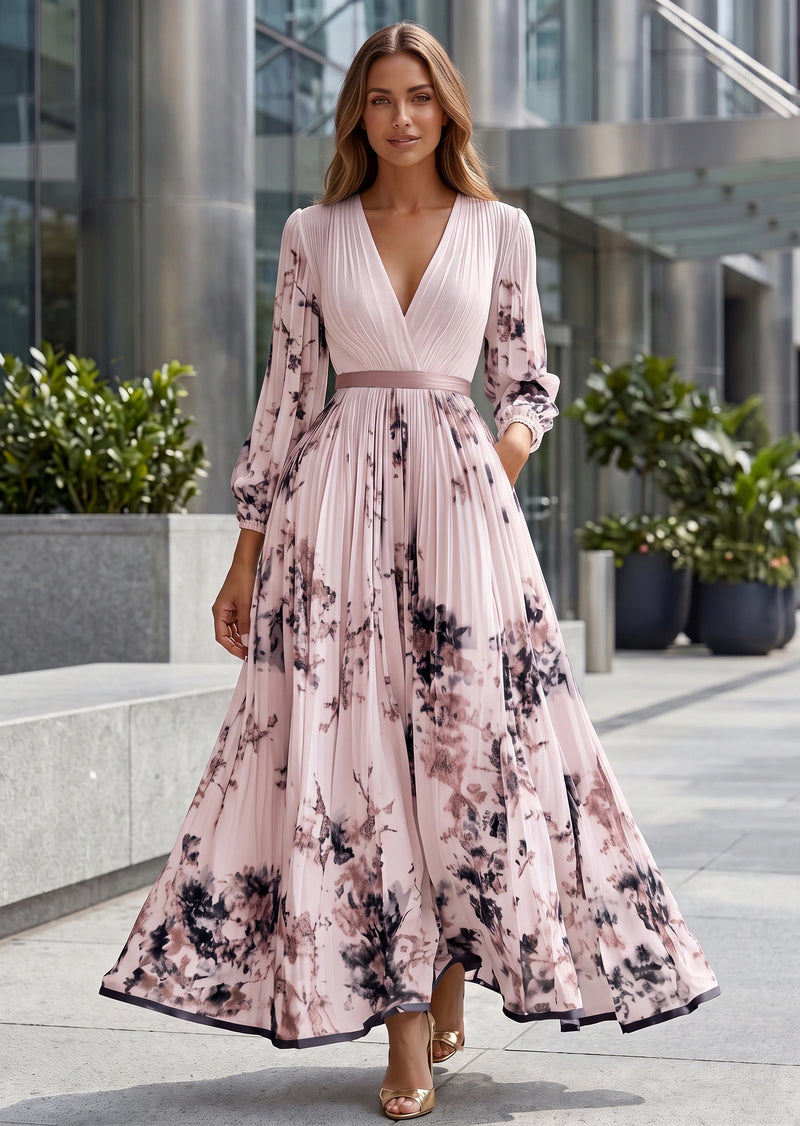 SALAZIA Elegant Floral Print V-Neck Pleated Long Sleeve Maxi A-Line Dress