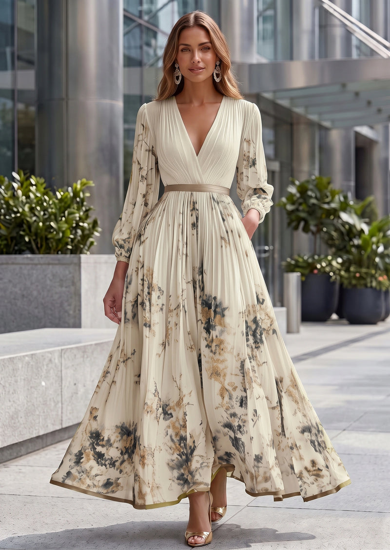 SALAZIA Elegant Floral Print V-Neck Pleated Long Sleeve Maxi A-Line Dress