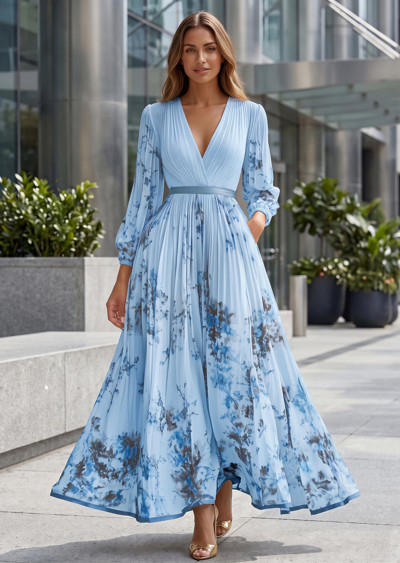 SALAZIA Elegant Floral Print V-Neck Pleated Long Sleeve Maxi A-Line Dress