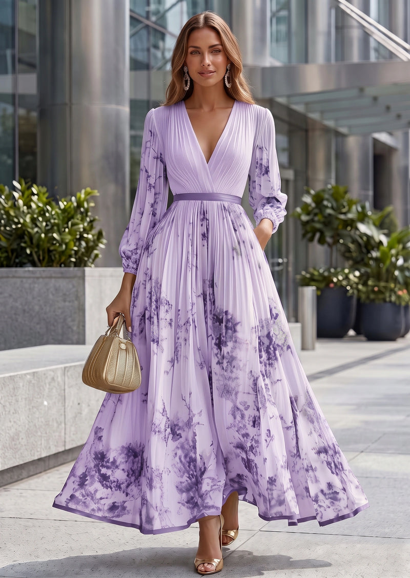 SALAZIA Elegant Floral Print V-Neck Pleated Long Sleeve Maxi A-Line Dress