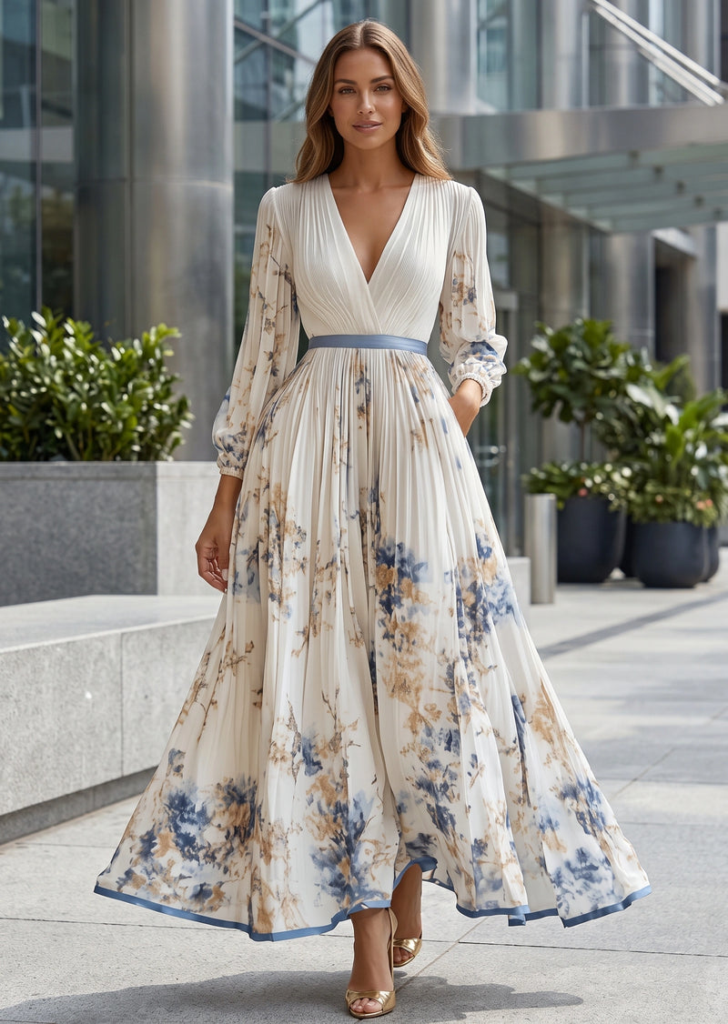 SALAZIA Elegant Floral Print V-Neck Pleated Long Sleeve Maxi A-Line Dress