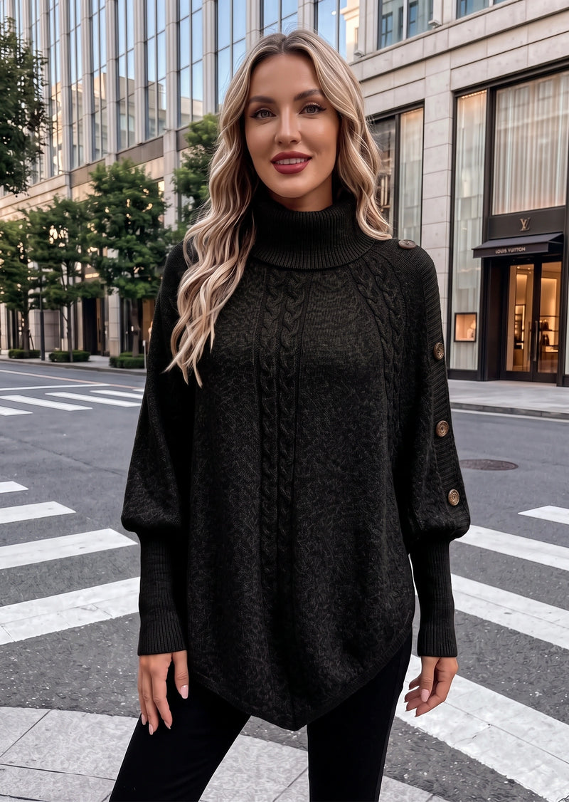 SALAZIA Elegant Solid Turtleneck Cable Knit Button Detail Batwing Sleeve Poncho Sweater