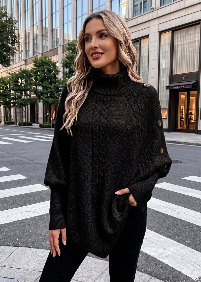SALAZIA Elegant Solid Turtleneck Cable Knit Button Detail Batwing Sleeve Poncho Sweater