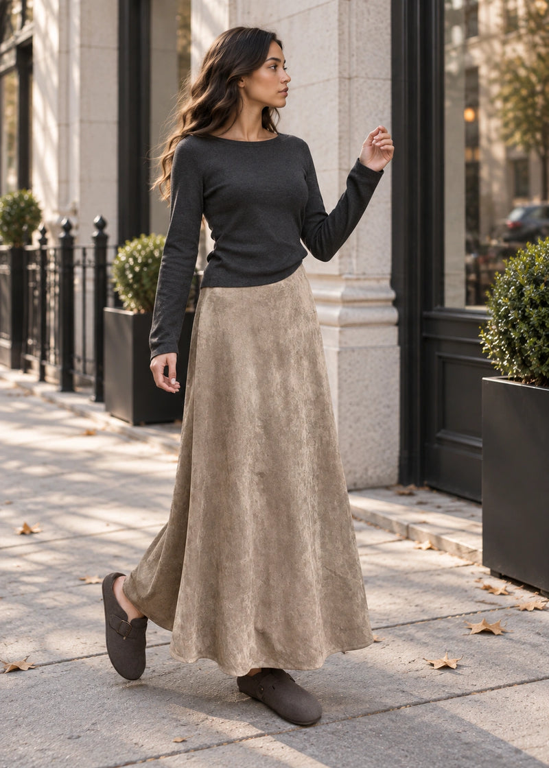 SALAZIA Faux Suede A-Line Maxi Skirts