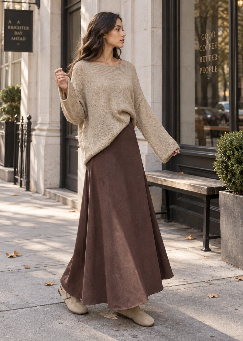 SALAZIA Faux Suede A-Line Maxi Skirts