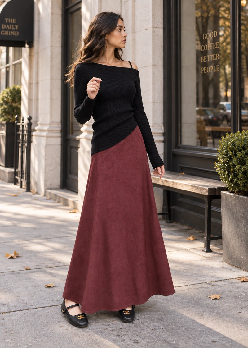SALAZIA Faux Suede A-Line Maxi Skirts
