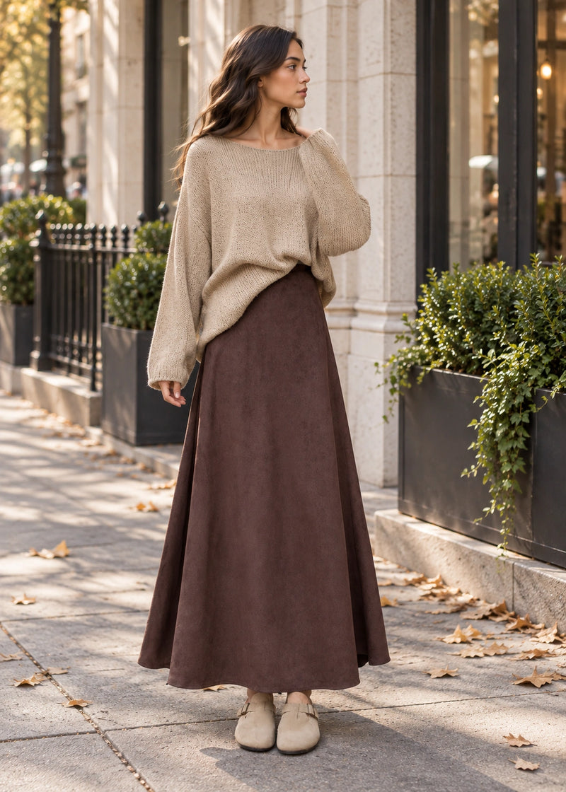 SALAZIA Faux Suede A-Line Maxi Skirts