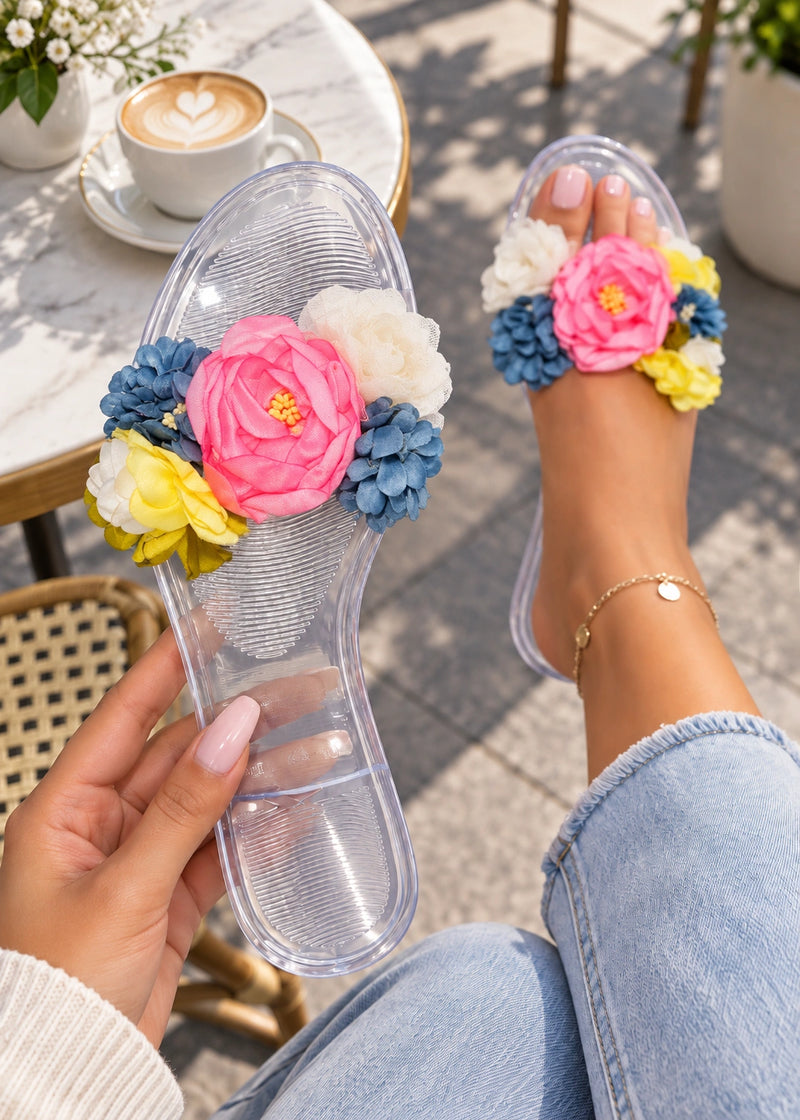 SALAZIA Floral Clear Strap Flat Slide Sandals