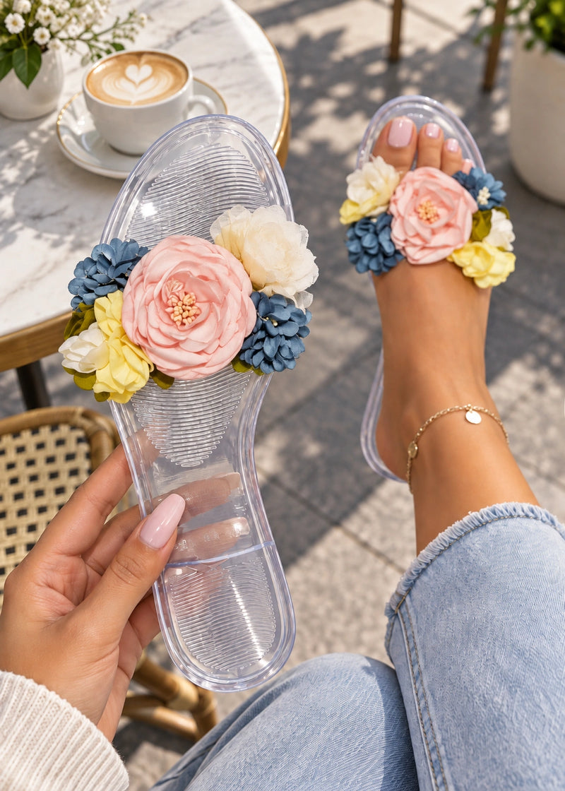SALAZIA Floral Clear Strap Flat Slide Sandals