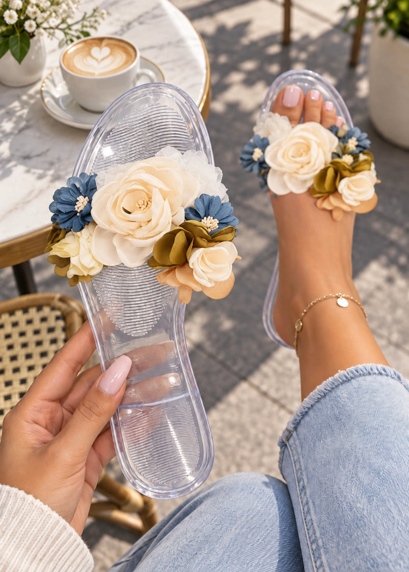 SALAZIA Floral Clear Strap Flat Slide Sandals