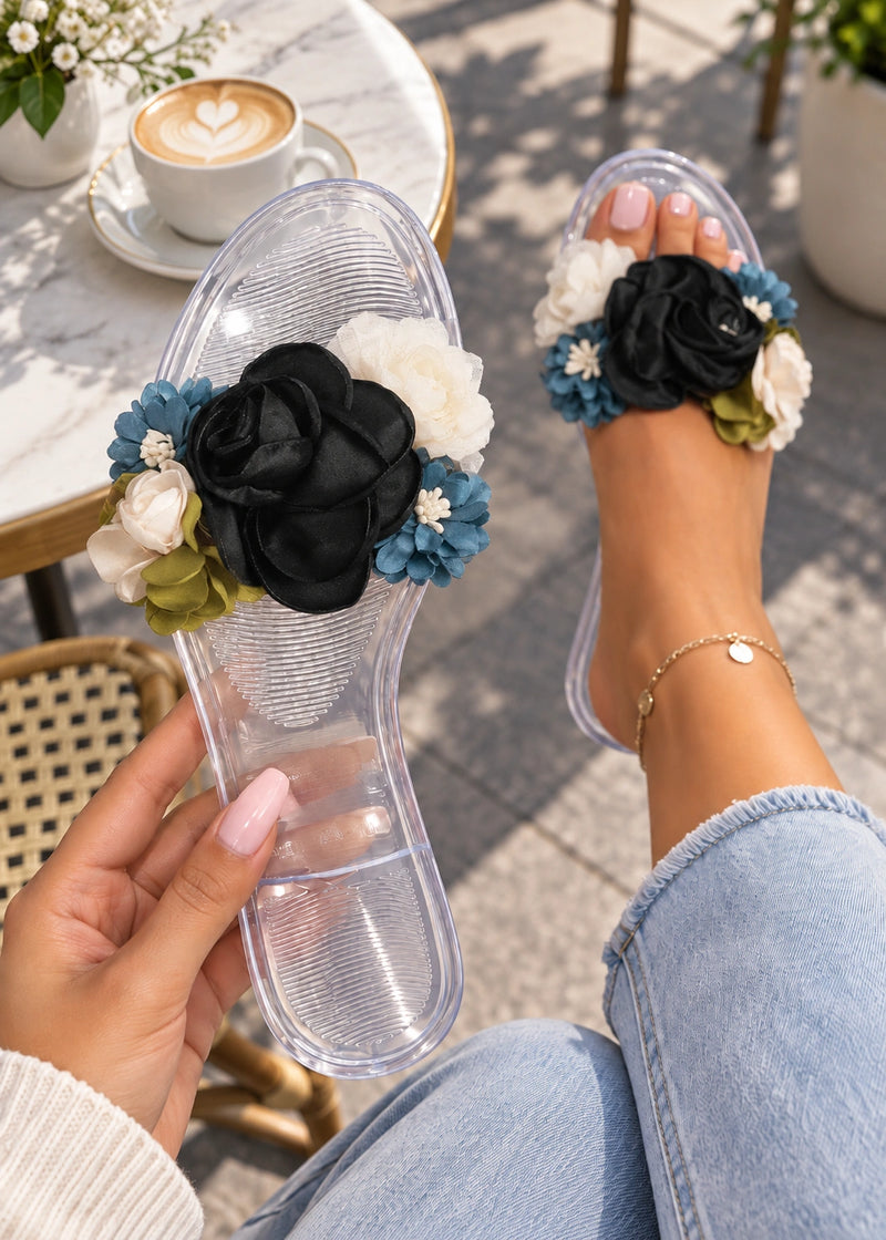 SALAZIA Floral Clear Strap Flat Slide Sandals