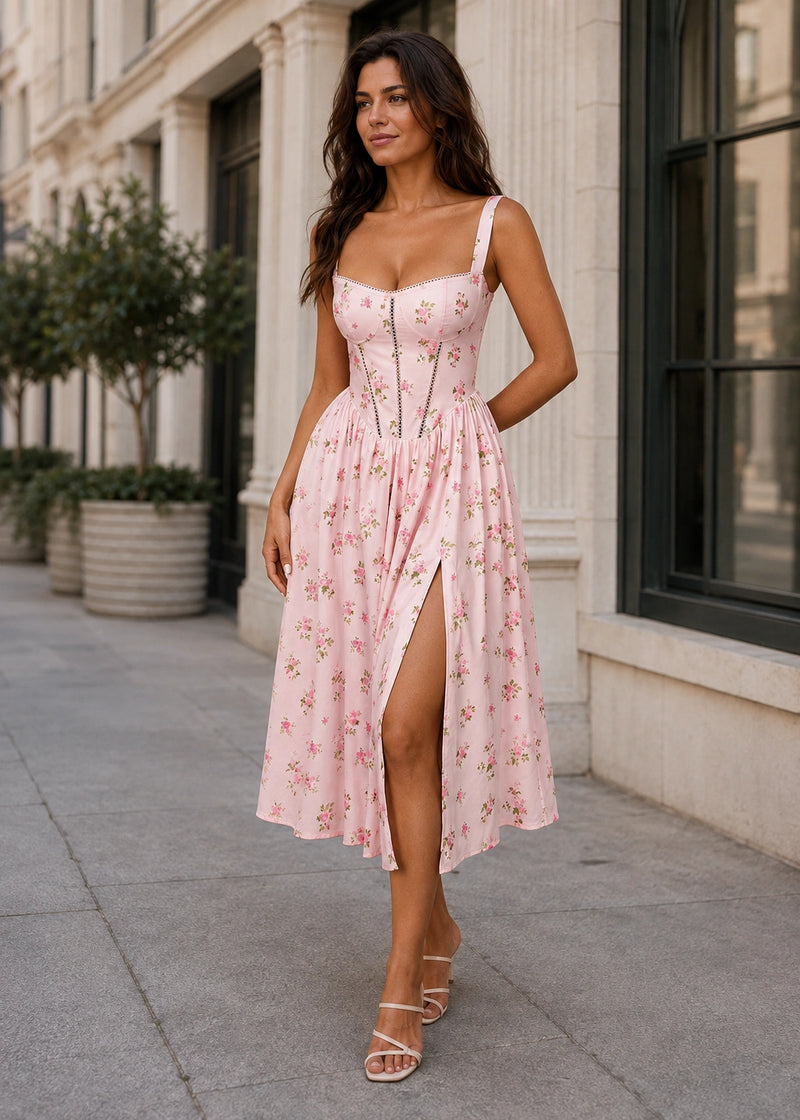 SALAZIA Floral Corset Waist Spaghetti Strap Midi Dresses