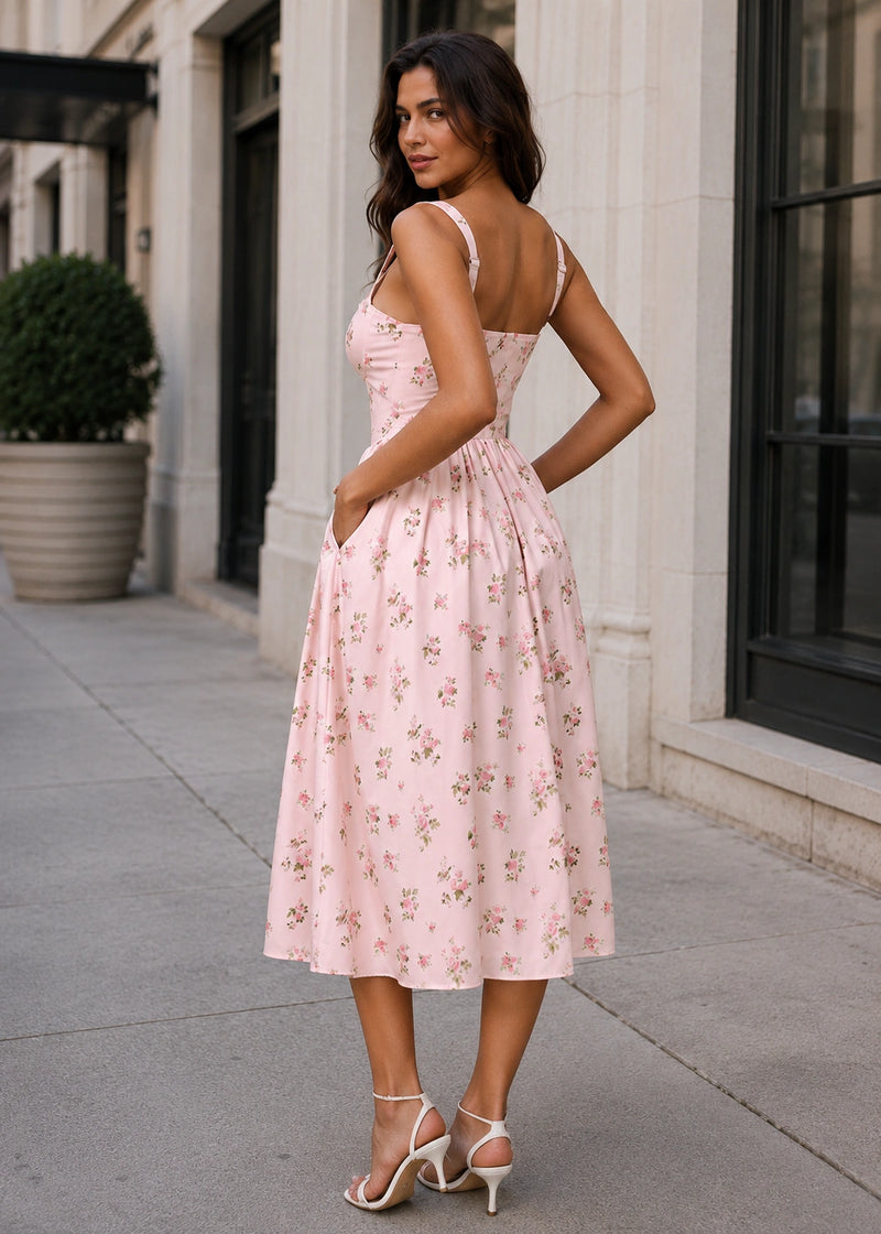 SALAZIA Floral Corset Waist Spaghetti Strap Midi Dresses