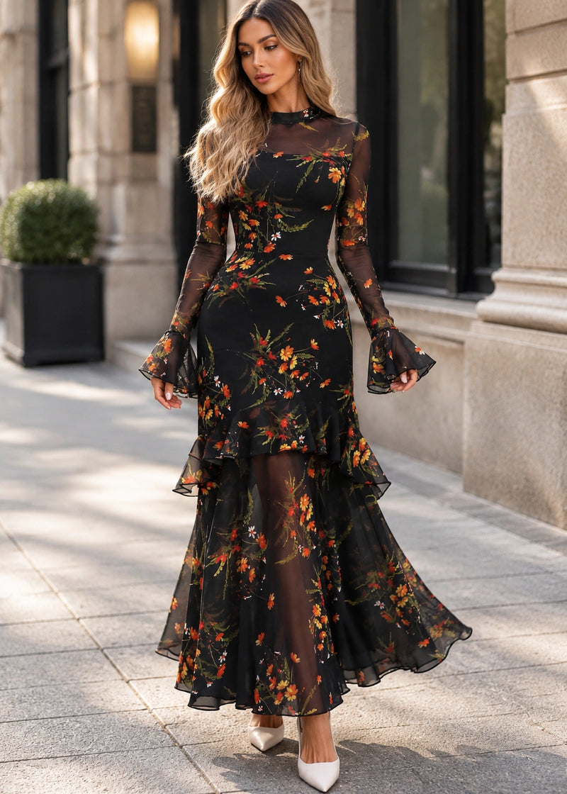 SALAZIA Floral Print Sheer Sleeve Square Neck Tiered Ruffle Maxi Dress