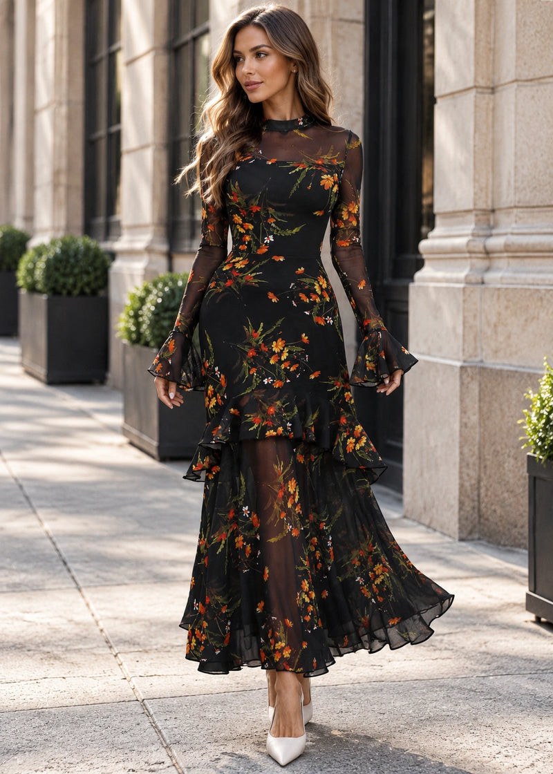 SALAZIA Floral Print Sheer Sleeve Square Neck Tiered Ruffle Maxi Dress