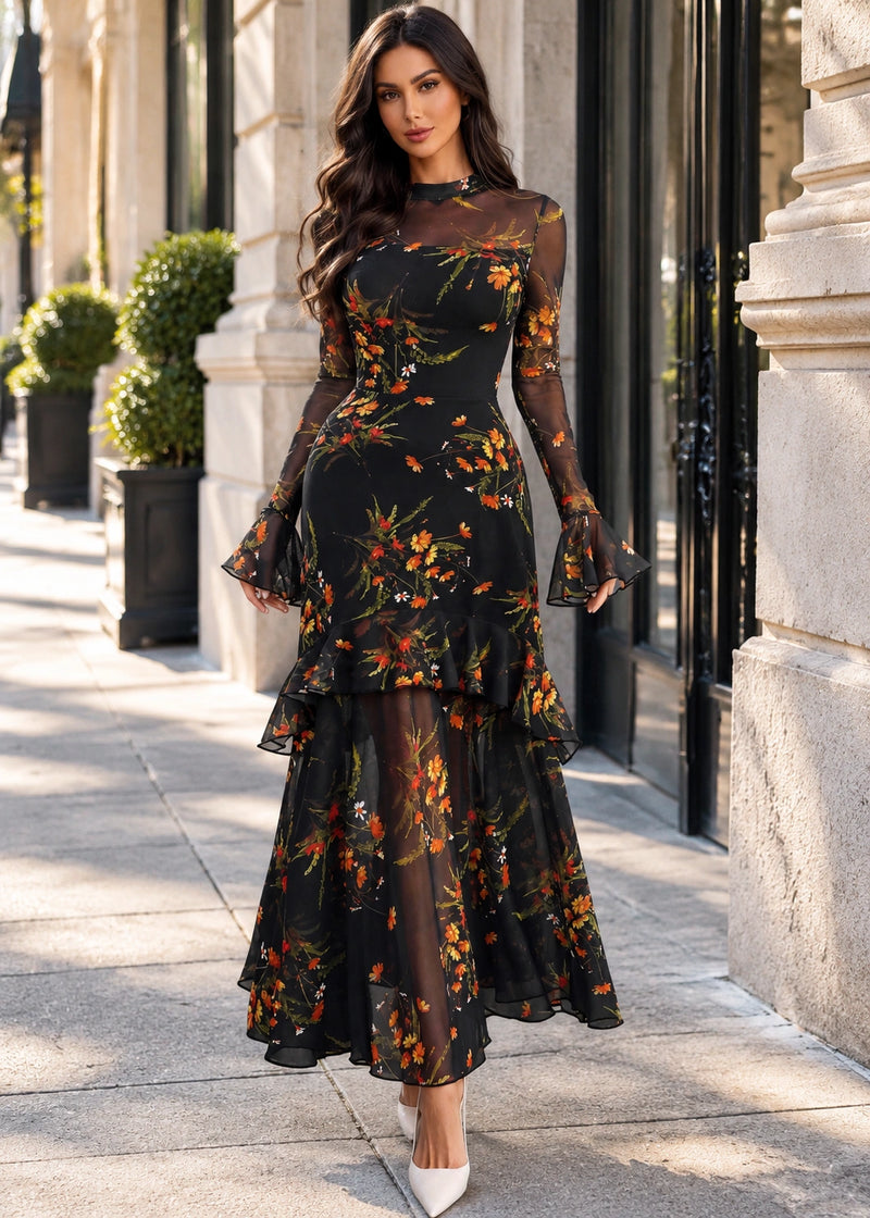SALAZIA Floral Print Sheer Sleeve Square Neck Tiered Ruffle Maxi Dress