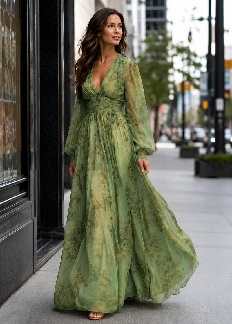 SALAZIA Floral V-Neck Sheer Sleeve Maxi Dresses