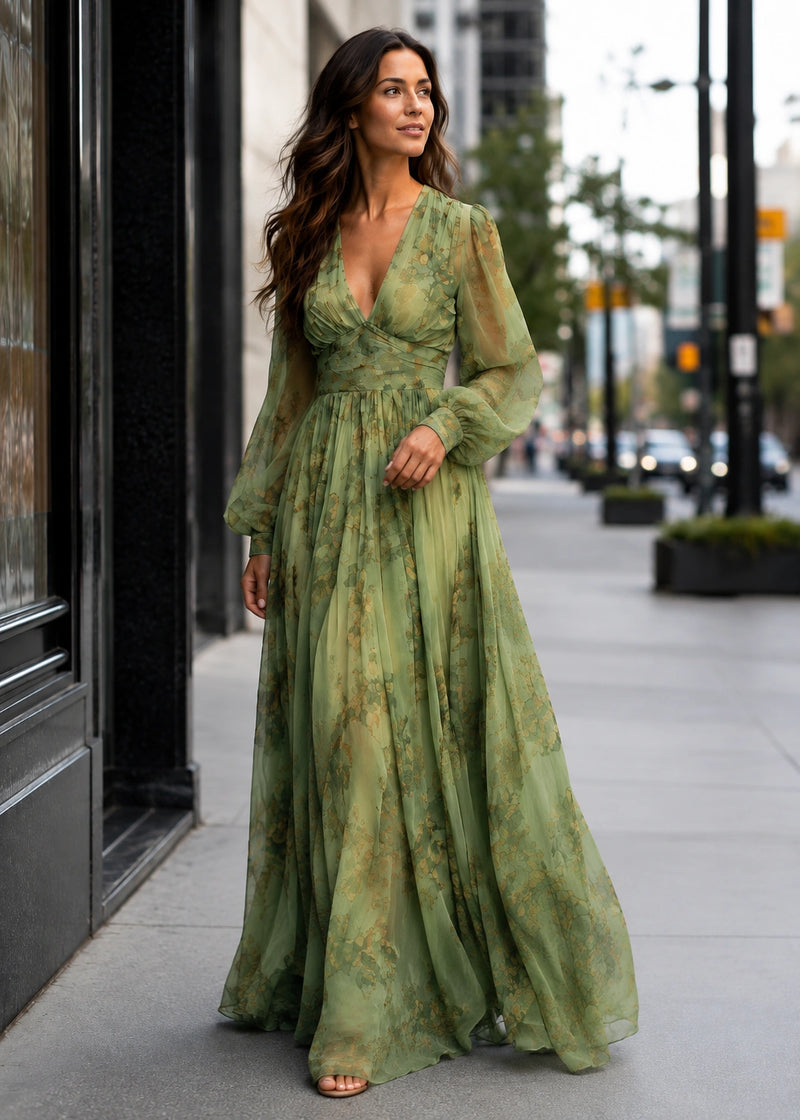 SALAZIA Floral V-Neck Sheer Sleeve Maxi Dresses