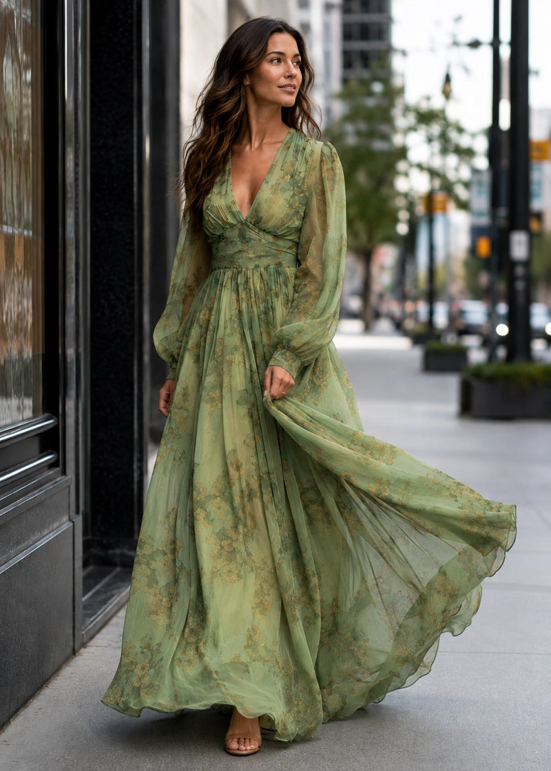 SALAZIA Floral V-Neck Sheer Sleeve Maxi Dresses